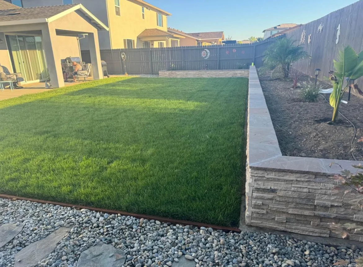 Sod installation with retaining wall